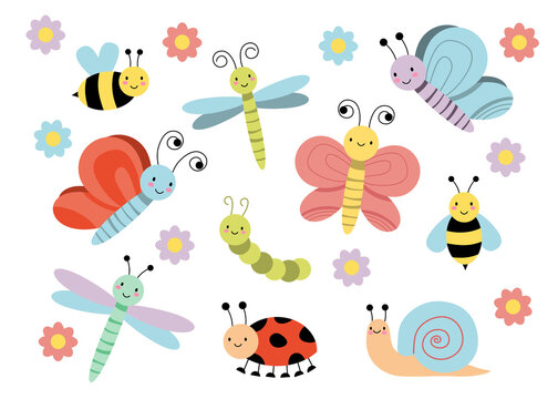 Cute cartoon insects. Funny caterpillar and butterfly, ladybug. Bug insect colorful isolated vector illustration icons set EPS