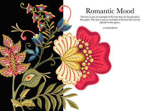 Fantasy flowers in retro, vintage, jacobean embroidery style. Template for wedding invitation, greeting card, banner, gift voucher, label. Vector illustration.