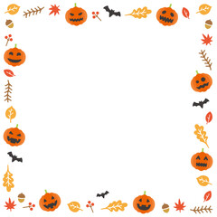 Decorated background frame for Halloween. Vector illustration for postcards, banners and posters.(Square,Jack-o'-lantern and autumn leaves version)