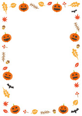 Decorated background frame for Halloween. Vector illustration for postcards, banners and posters.(Jack-o'-lantern and autumn leaves version)