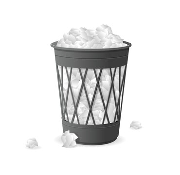 Realistic Detailed 3d Trash Can Full Crumpled Papers. Vector