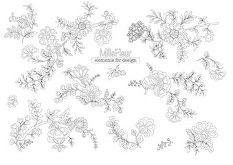 A lot of different fantasy flowers. Millefleurs trendy floral design. Blooming midsummer meadow seamless pattern. Clip art, set of elements for design Outline vector illustration.