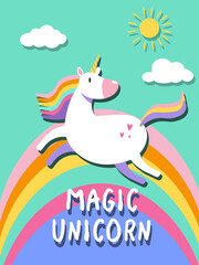 Cute unicorn standing on the rainbow illustration for party invitation card design template EPS
