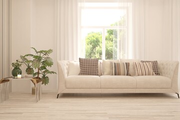 White living room with sofa and summer landscape in window. Scandinavian interior design. 3D illustration