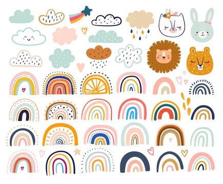Rainbows and doodles collection. Summer trendy rainbows. Baby animals pattern. Illustrations for fabric design. Vector illustration with cute animals. Nursery baby pattern illustration