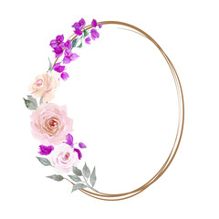 Oval frame with white and pink roses, purple bougainvillea flowers and green leaves, isolated on white background. Watercolor hand drawn. Copy space.