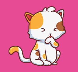 cute cat licking his hair. isolated cartoon animal illustration. Flat Style Sticker Icon Design Premium Logo vector. Mascot Character