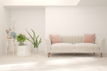 White living room with sofa. Scandinavian interior design. 3D illustration