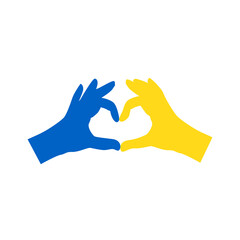 Love Ukraine concept, support and fundraising for migrants. Volunteering, help and donations for peace in Ukraine. Hands in heart form painted in Ukraine flag color - yellow and blue. Isolated. Flat v