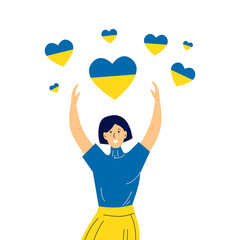 Stop the war in Ukraine. Girl with a heart in Ukrainian colors. Support and fundraising for migrants. Volunteering, help and donations for peace in Ukraine. Isolated. Flat vector illustration.
