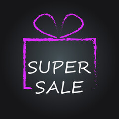 Super sale. Pink gift box on a black background. Discount concept. Design for banner, sticker, flyer, leaflet. Vector illustration