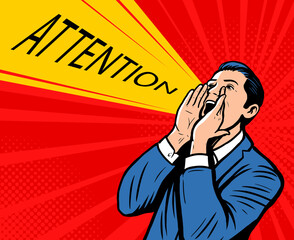 Businessman shouting loudly pop art style. Business concept. Retro comic book vector illustration