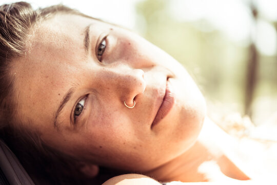 dreamy intimate summer portrait of woman relaxing in Portugal