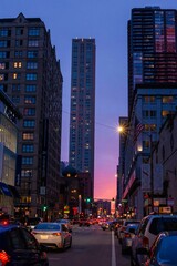 downtown city at sunset blue hour