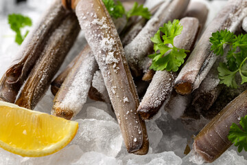 Fototapeta premium Frozen raw razor clam shellfish on ice, healthy pescatarian sea food concept