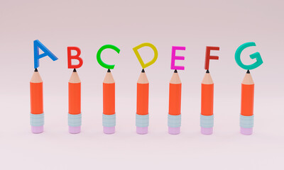 3d illustration, letters and pencils, 3d rendering