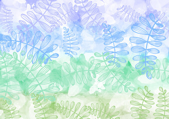 Watercolor provence summer Background. Green, blue and violet leaves. Multicolor abstract Backdrop with colorful leaves