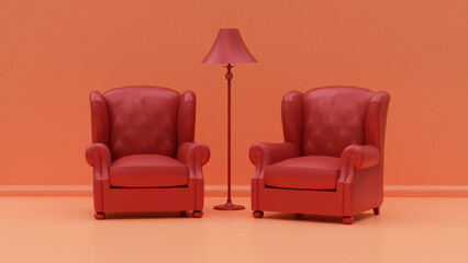3d illustration, armchairs and lamp, 3d rendering.
