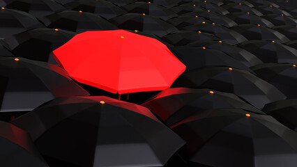 3d illustration, red umbrella standing out in a set of black umbrellas, 3d rendering
