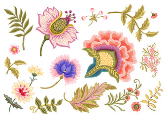Fantasy flowers in retro, vintage, jacobean embroidery style. Element for design. Vector illustration.