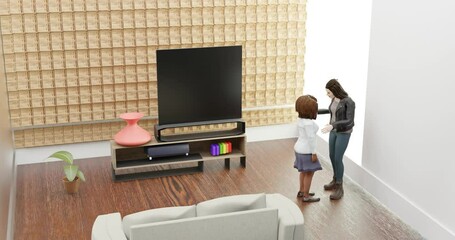 3D animation expression of love and togetherness of multi-ethnic couple between Caucasian and African woman hugging and kissing each other inside their home with panning camera movement