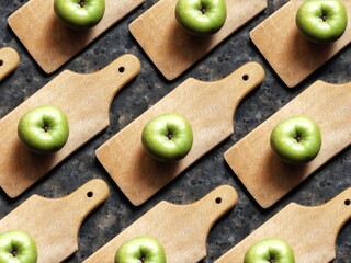 Pattern of green apple on wooden cutting board on black concrete background. Granny smith. Spring fruits background.