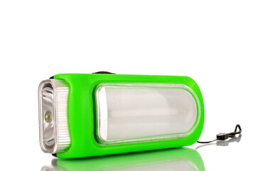 One battery operated flashlight, close-up, isolated on a white background.