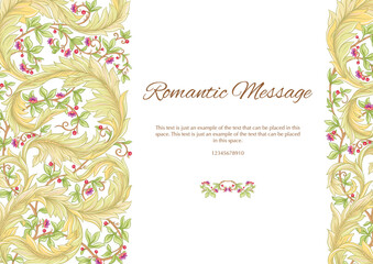 Decorative flowers and leaves in art nouveau style, vintage, old, retro style. Template for wedding invitation, greeting card, banner, gift voucher, label. Vector illustration.