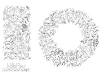 A lot of different fantasy flowers. Millefleurs trendy floral design. Blooming midsummer meadow seamless pattern. Clip art, set of elements for design Outline vector illustration.