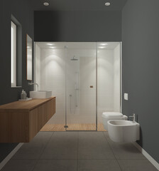 Minimalist bathroom in dark and wooden tones, concrete tiles floor, large shower with tiles and spotlight, washbasin with mirror, ceramic toilet and bidet. Modern interior design