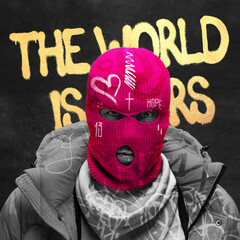 Contemporary art collage. Brutal, dangerous man in pink balaclava isolated over balck background...