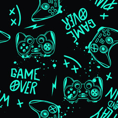 Abstract Seamless hand drawn pattern with joystick. Gamer elements for boy t-shirt design. Repeat print with gamepad sign for boys textile and more

