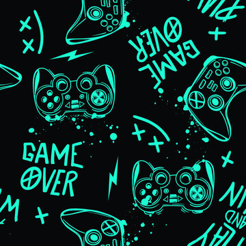 Abstract Seamless hand drawn pattern with joystick. Gamer elements for boy t-shirt design. Repeat print with gamepad sign for boys textile and more
