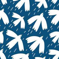 White birds in the sky, vector seamless pattern