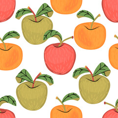 Seamless pattern with fruits and leaves of apples in red,green and yellow color.Background and texture for printing on fabrics and paper.Hand drawn vector isolated illustration for design card,poster.