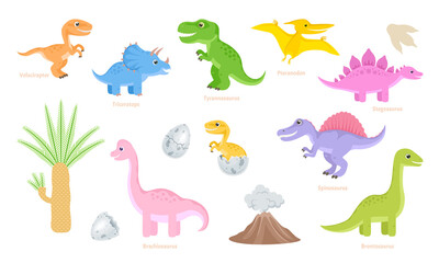 Set of cute dinosaurs. Cartoon funny Jurassic animals. Simple flat vector illustrations.