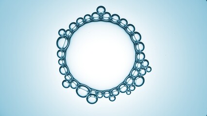 Macro shot of big transparent bubble with small ones connected around it on blue radial ramp background | Abstract skin care cosmetic ingredients concept