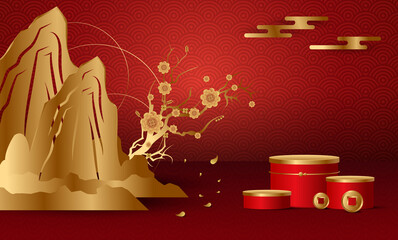 Podium and background for 
Chinese new year,Chinese Festivals,  Mid Autumn Festival , flower and asian elements on background.