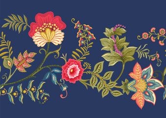 Fantasy flowers in retro, vintage, jacobean embroidery style. Border line seamless pattern on denim blue background. Vector illustration. © Elen  Lane