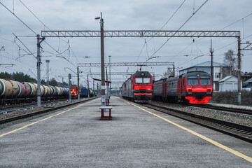 Fototapeta na wymiar Passenger and freight trains at the station.