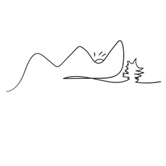 mountain view with sunrise and green trees. Continuous line drawing. Illustration icon vector