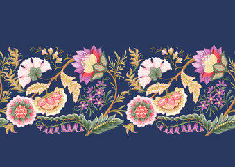 Fantasy flowers in retro, vintage, jacobean embroidery style. Border line seamless pattern on denim blue background. Vector illustration.