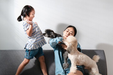 Young beautiful mother and little cute daughter have fun playing with dogs on the home sofa. Image of happy girl with dog mother relaxing at home. Happy family with pet friendship and care concept