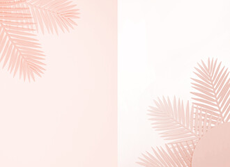 Pink Tropical Leaves on a White and Pastel Pink Background. Simple Modern Composition with Paper...