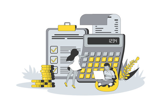 people calculating finances with calculator and laptop clip art preview