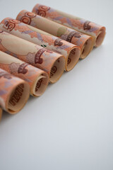 Russian money on a white background with a copy space.