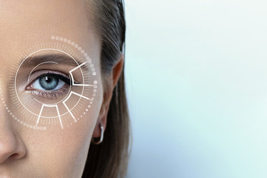 medicine and vision concept - woman closeup and eye diagram, future technologies