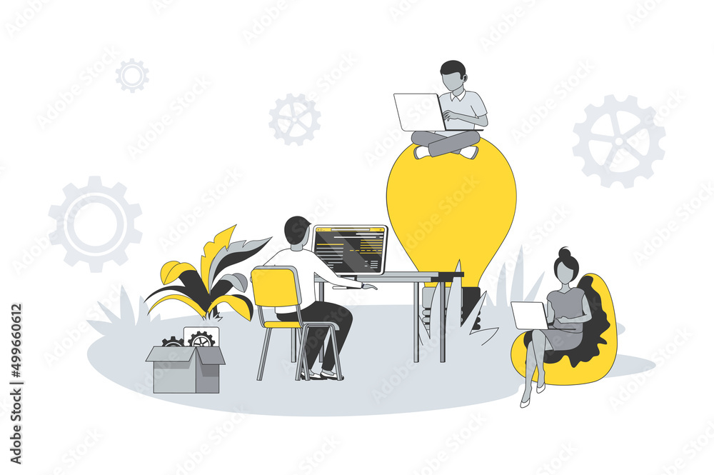 Poster coworking office concept in flat line design. people working on laptops and computers, communicate, 