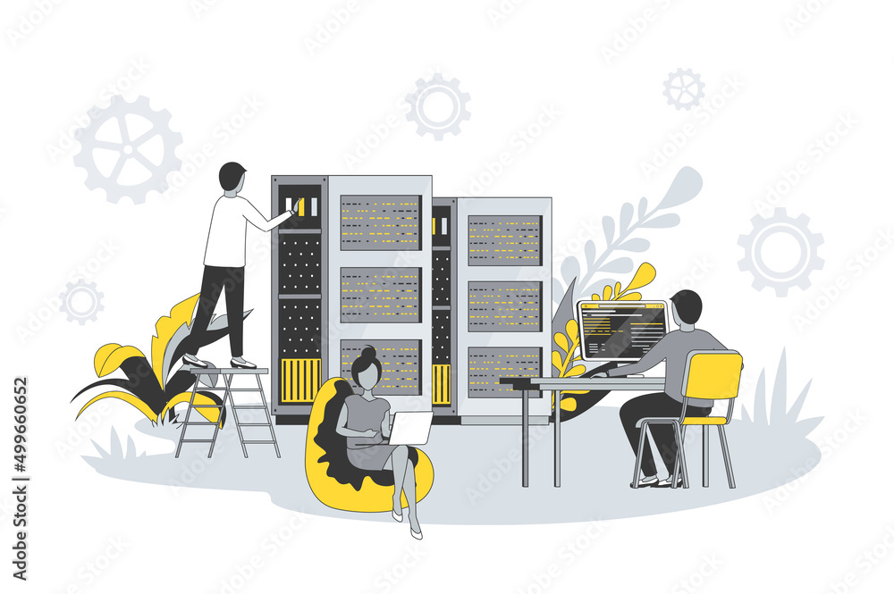 Poster Data center concept in flat line design. People work in technical support in server room racks, maintain hardware, administer and monitor processes. Vector illustration with outline scene for web