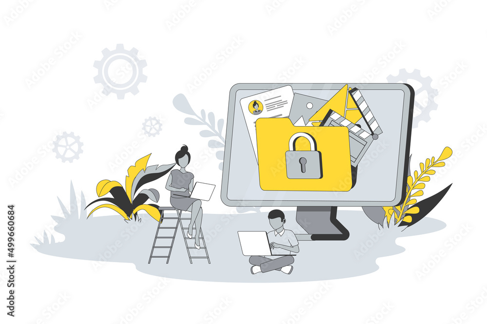 Aufkleber Data protection concept in flat line design. People store files and information using secure connection and passwords access, personal internet security. Vector illustration with outline scene for web